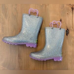 Western Chief Silver Glitter Rain Boots with Purple Soles & Handles